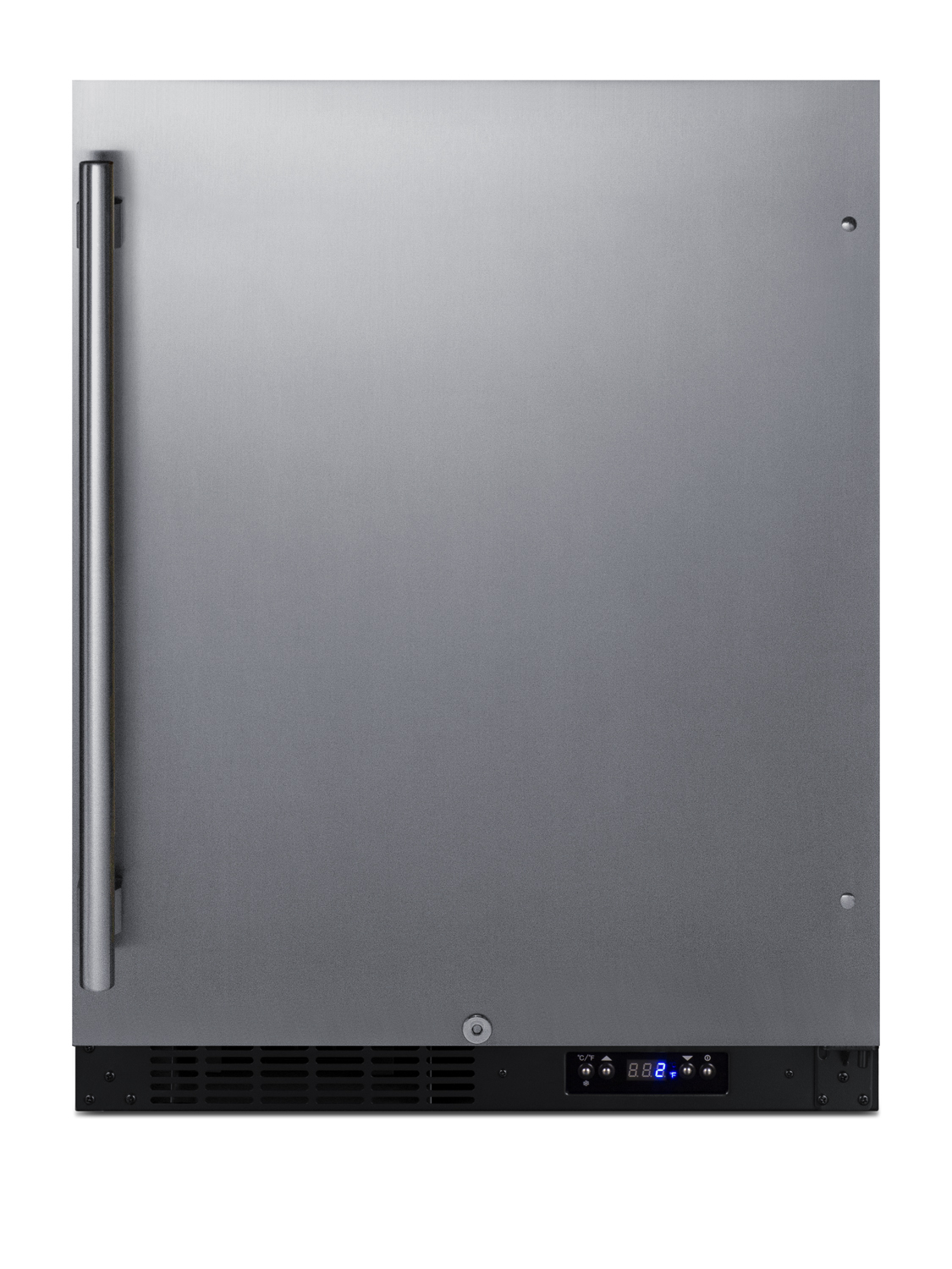 Built-in undercounter ADA compliant frost-free all-freezer with stainless steel door, black cabinet, door storage, lock, and digital controls